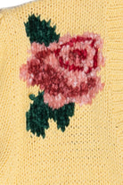 Vintage Chenille Rose Detail Butter Yellow Hand Knit Sweater (2000s)