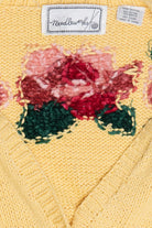 Vintage Chenille Rose Detail Butter Yellow Hand Knit Sweater (2000s)