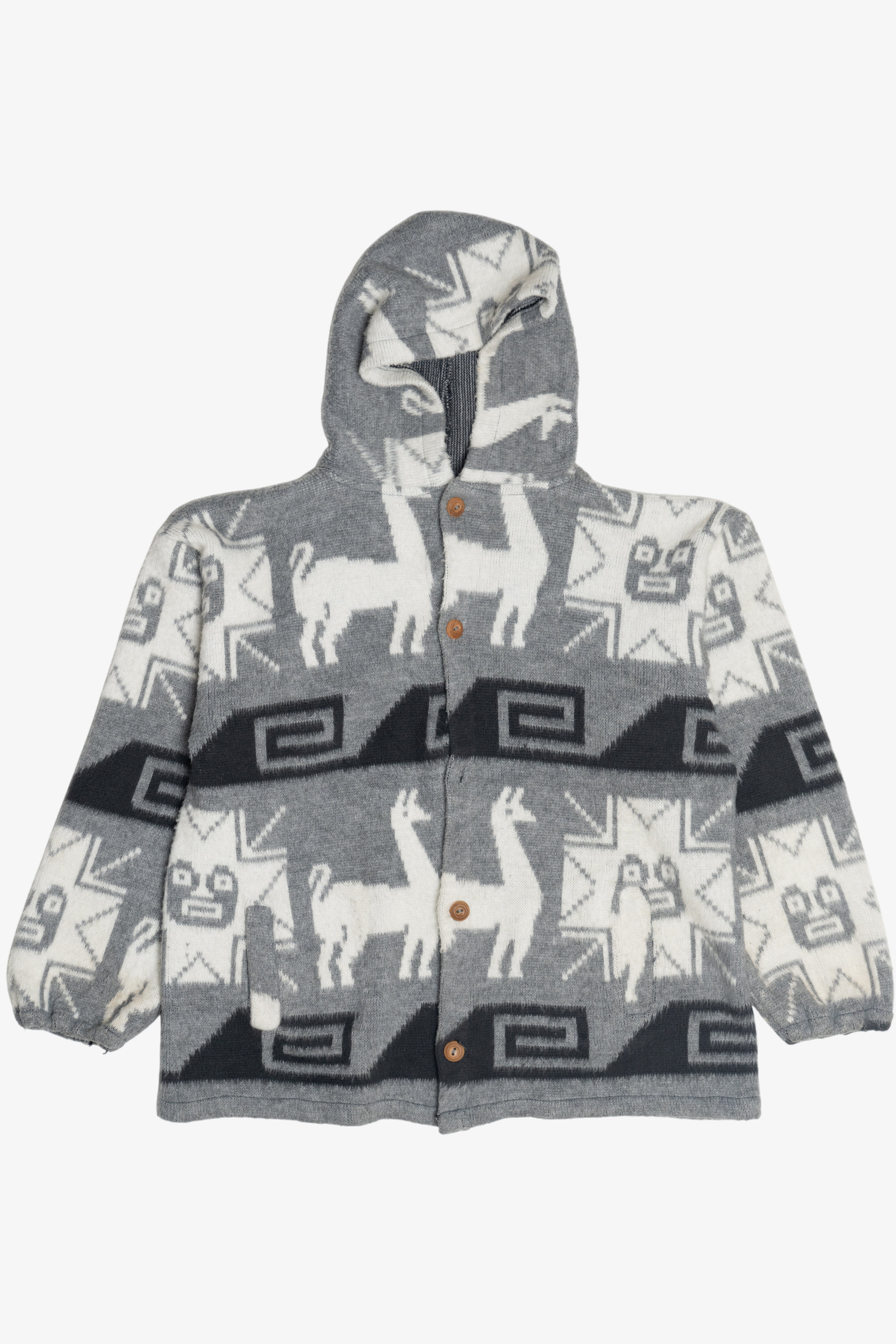 Vintage Hand Knit Alpaca Design Button Up Hoodie (2000s)