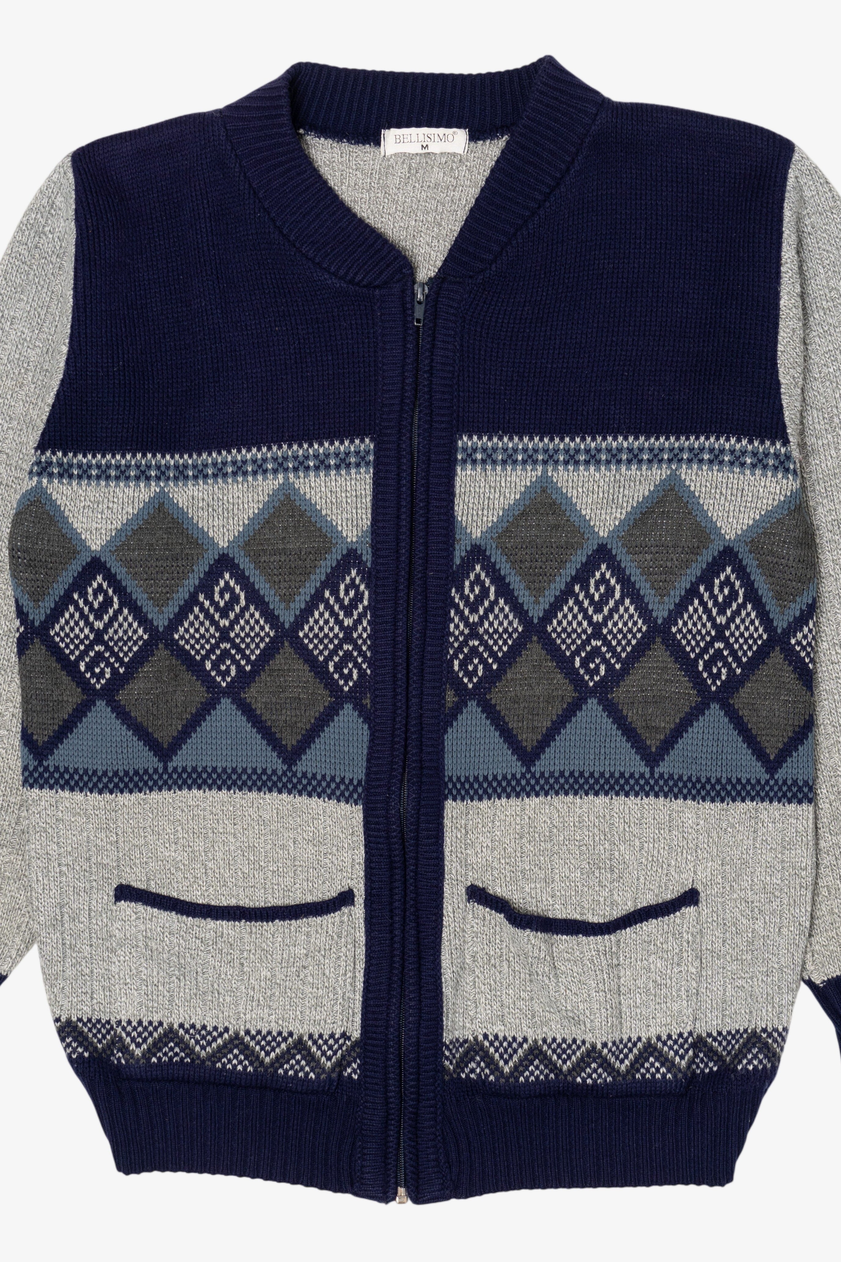 Vintage Gray And Navy Blue Bellisimo Zip Up Sweater (1990s)