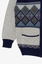 Vintage Gray And Navy Blue Bellisimo Zip Up Sweater (1990s)