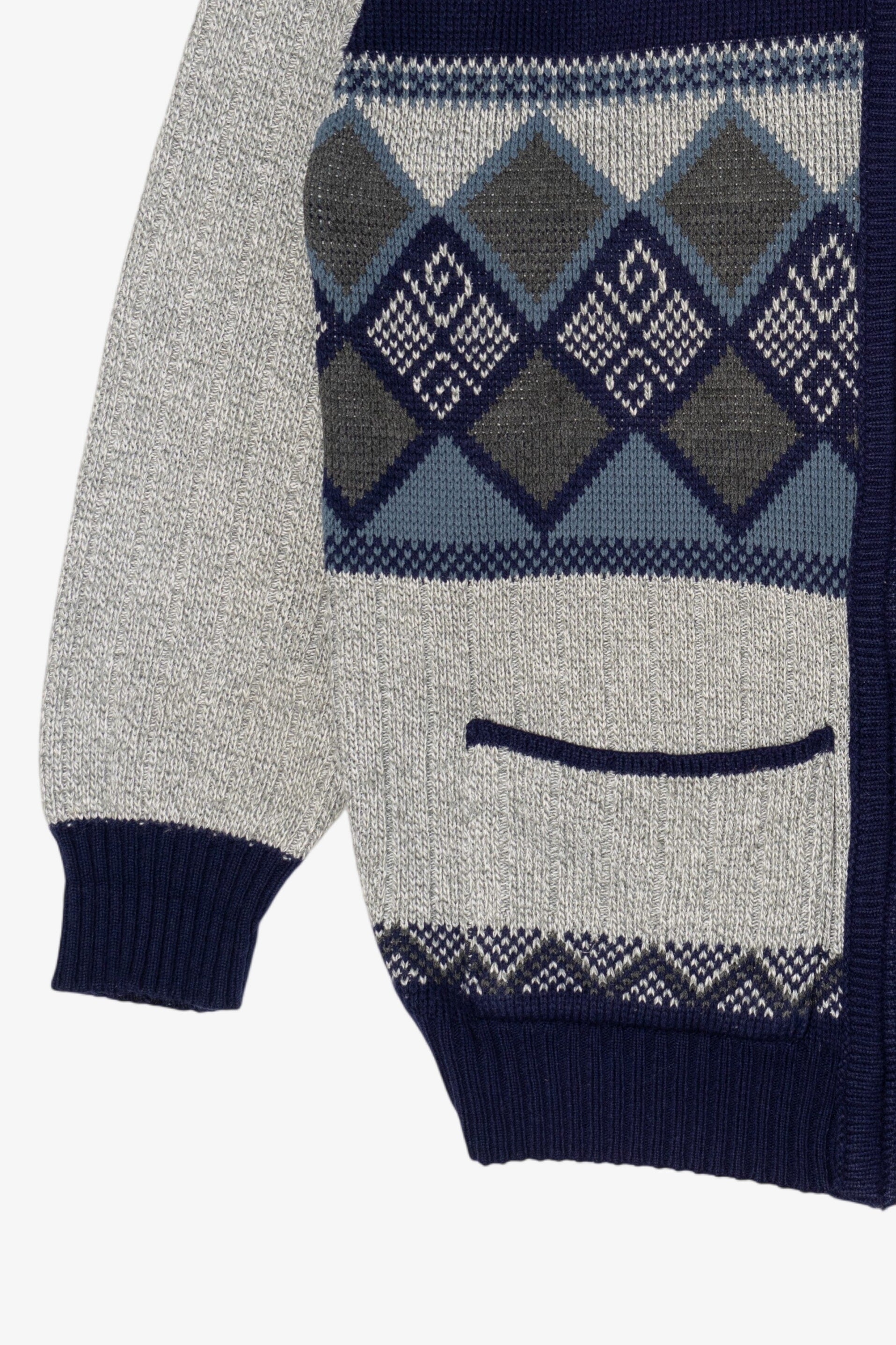 Vintage Gray And Navy Blue Bellisimo Zip Up Sweater (1990s)