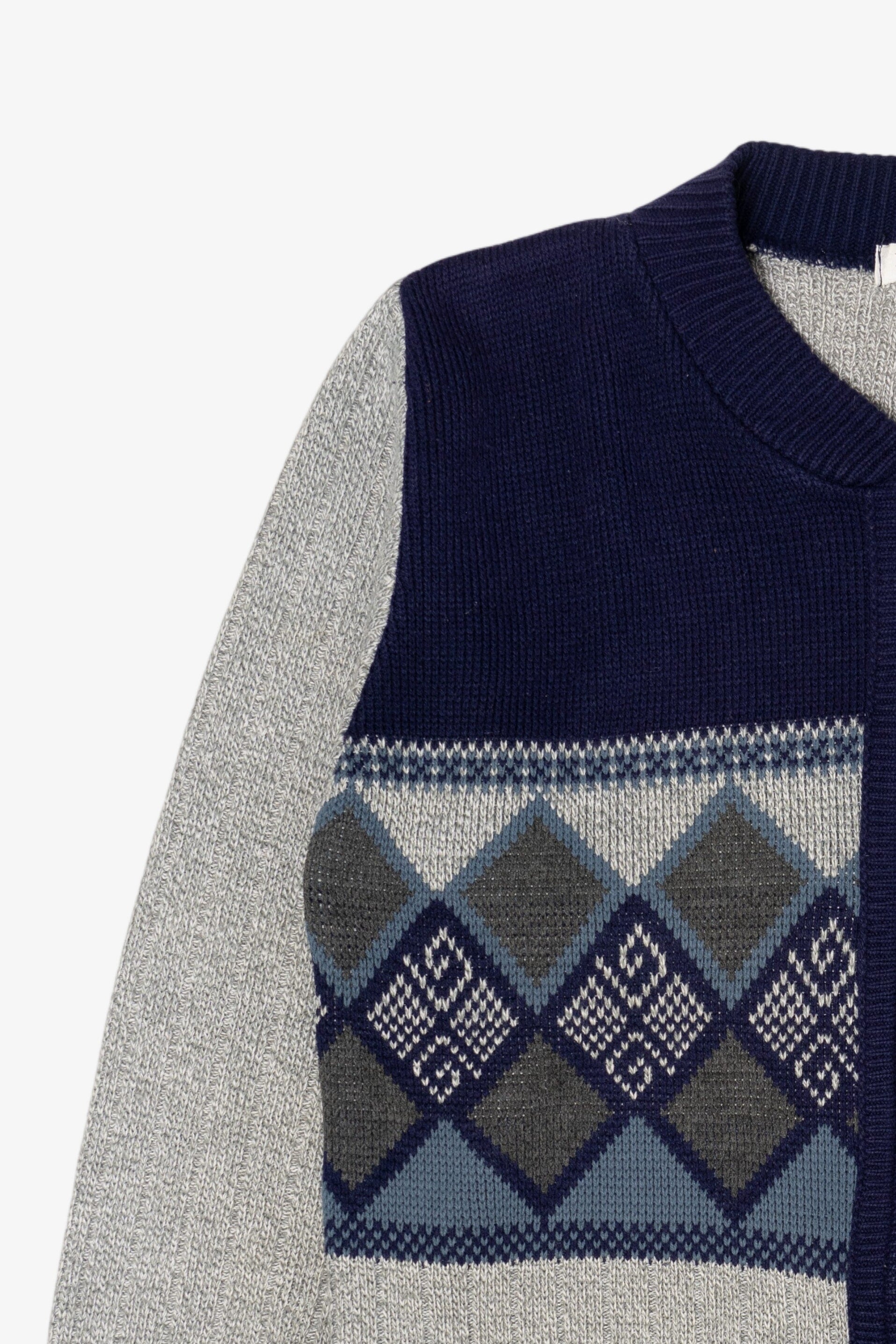 Vintage Gray And Navy Blue Bellisimo Zip Up Sweater (1990s)