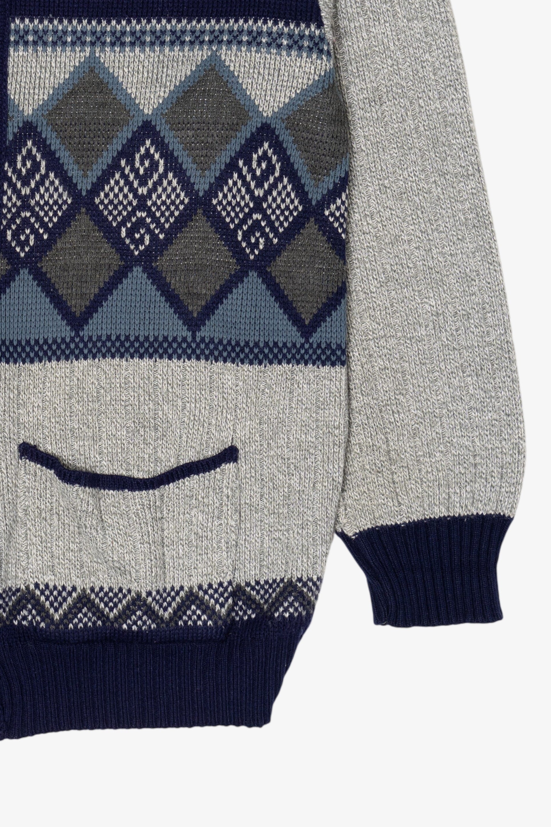 Vintage Gray And Navy Blue Bellisimo Zip Up Sweater (1990s)