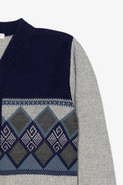 Vintage Gray And Navy Blue Bellisimo Zip Up Sweater (1990s)