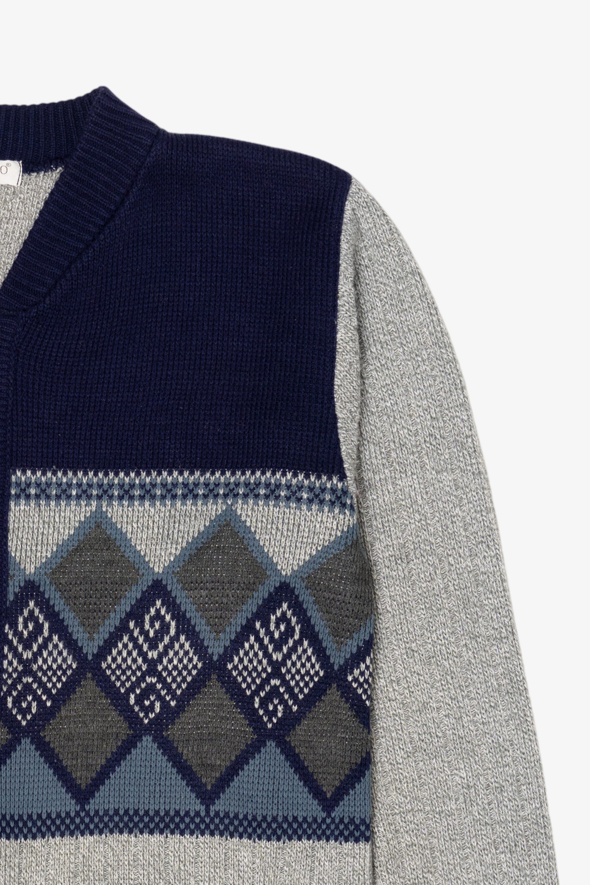 Vintage Gray And Navy Blue Bellisimo Zip Up Sweater (1990s)