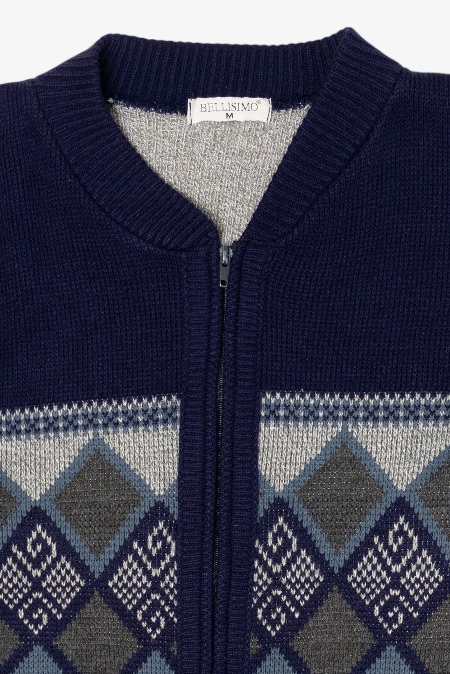 Vintage Gray And Navy Blue Bellisimo Zip Up Sweater (1990s)