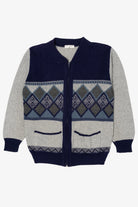 Vintage Gray And Navy Blue Bellisimo Zip Up Sweater (1990s)