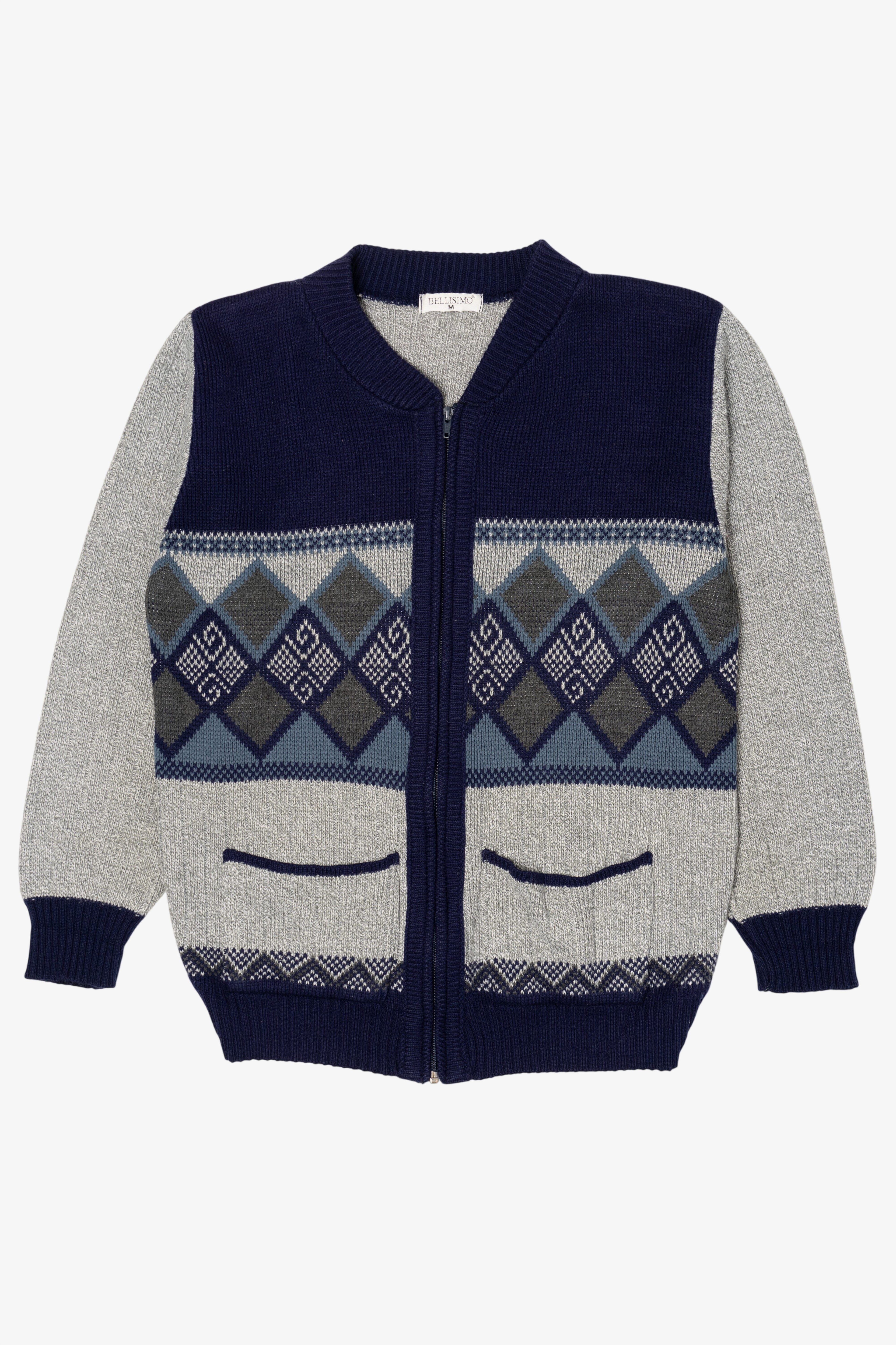 Vintage Gray And Navy Blue Bellisimo Zip Up Sweater (1990s)