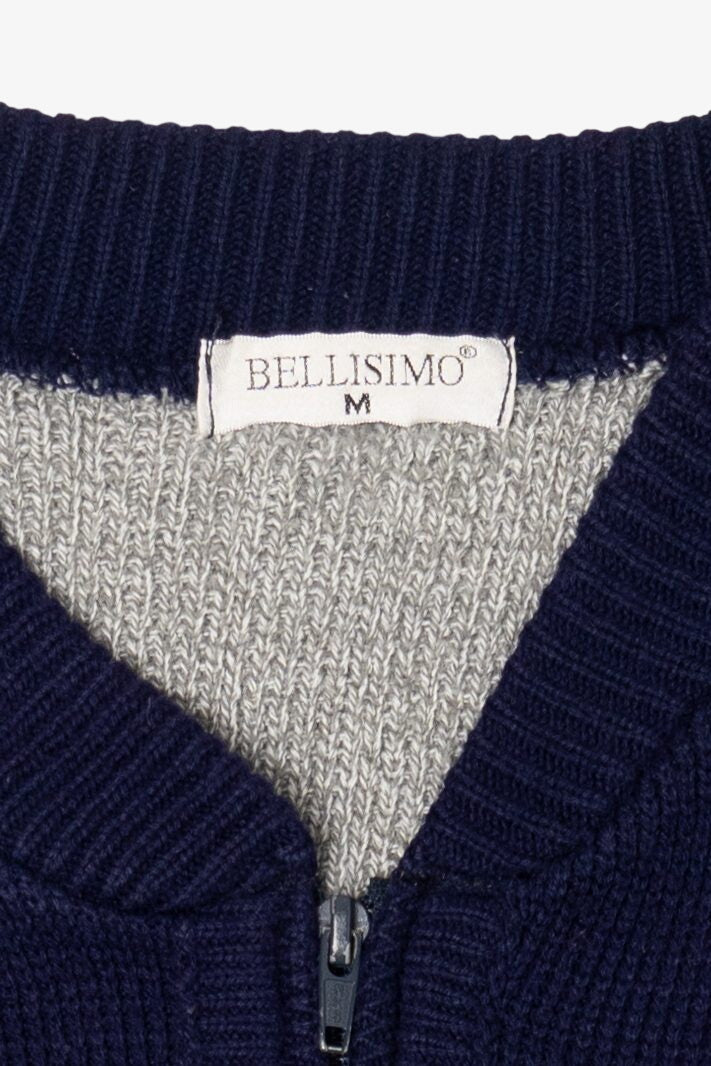 Vintage Gray And Navy Blue Bellisimo Zip Up Sweater (1990s)