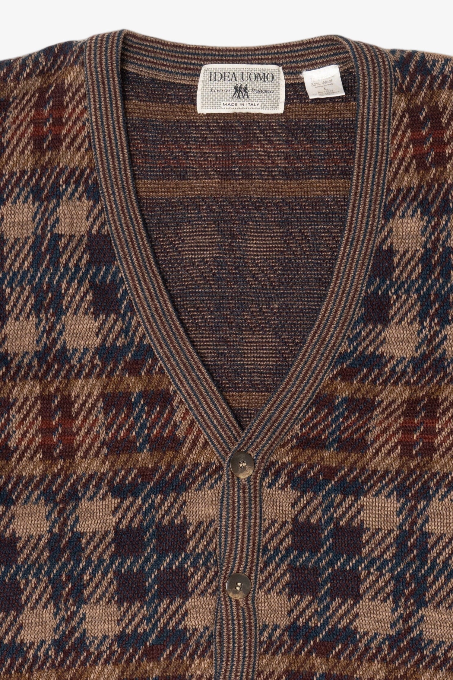 Vintage Brown Plaid Idea Uomo Cardigan Sweater (1980s)