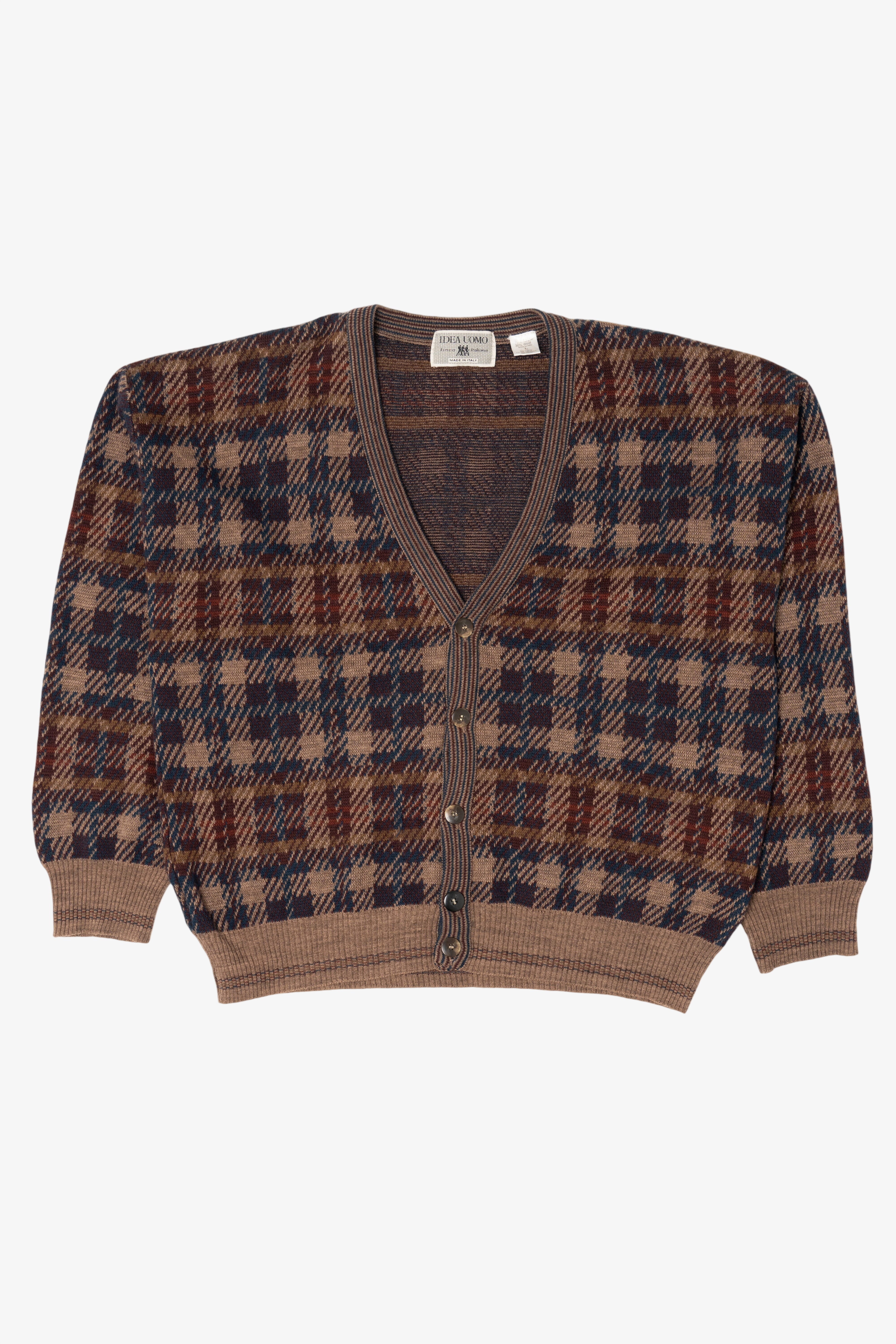 Vintage Brown Plaid Idea Uomo Cardigan Sweater (1980s)