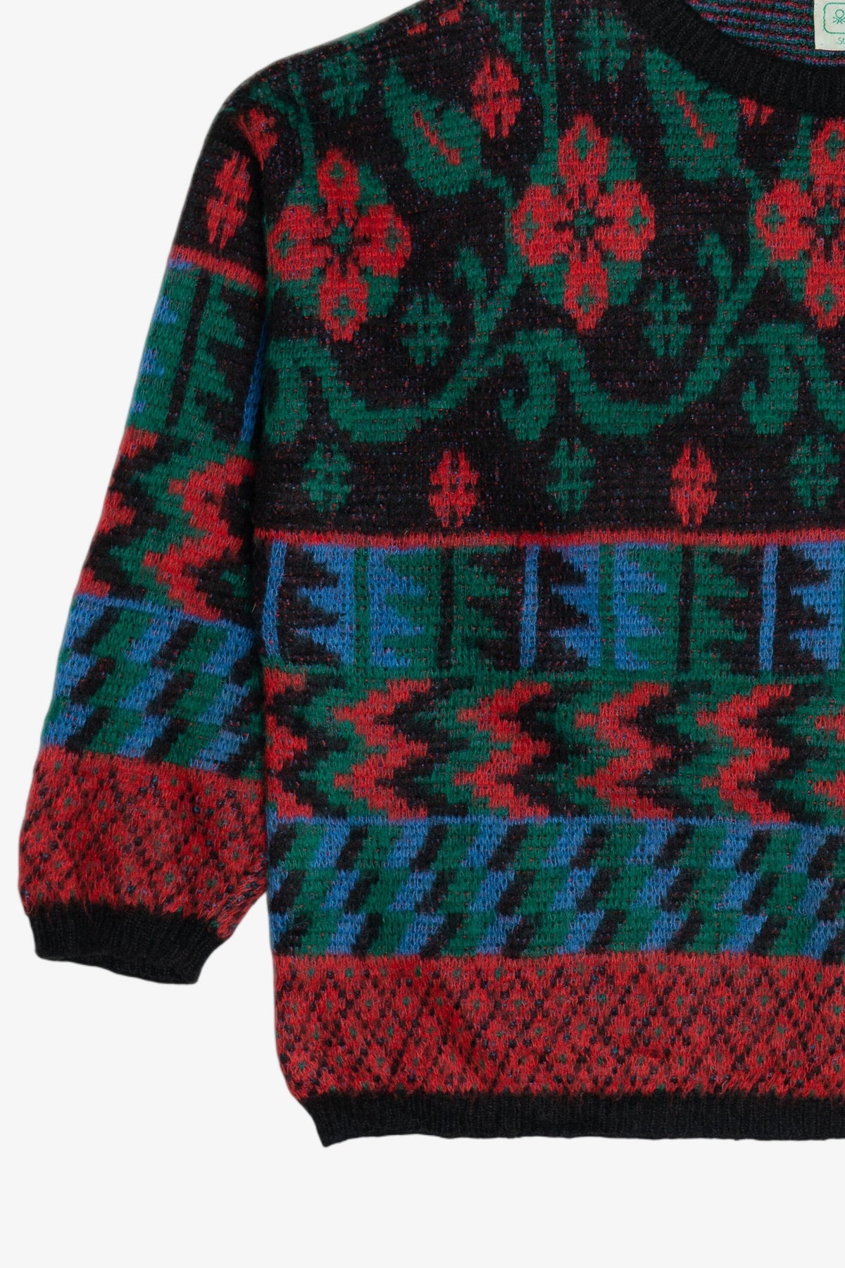 Vintage Benetton Italian Abstract Knit Wide Cropped Sweater (1980s 