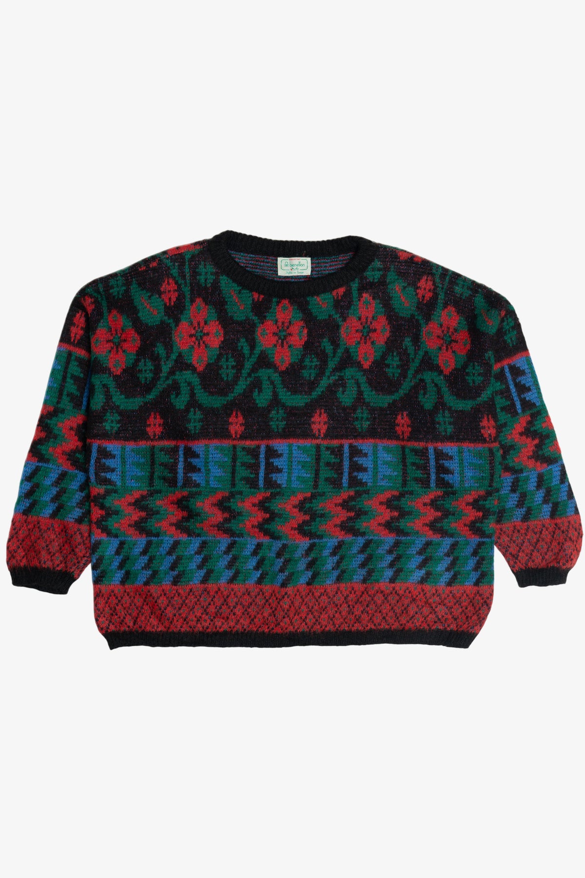Vintage Benetton Italian Abstract Knit Wide Cropped Sweater (1980s 