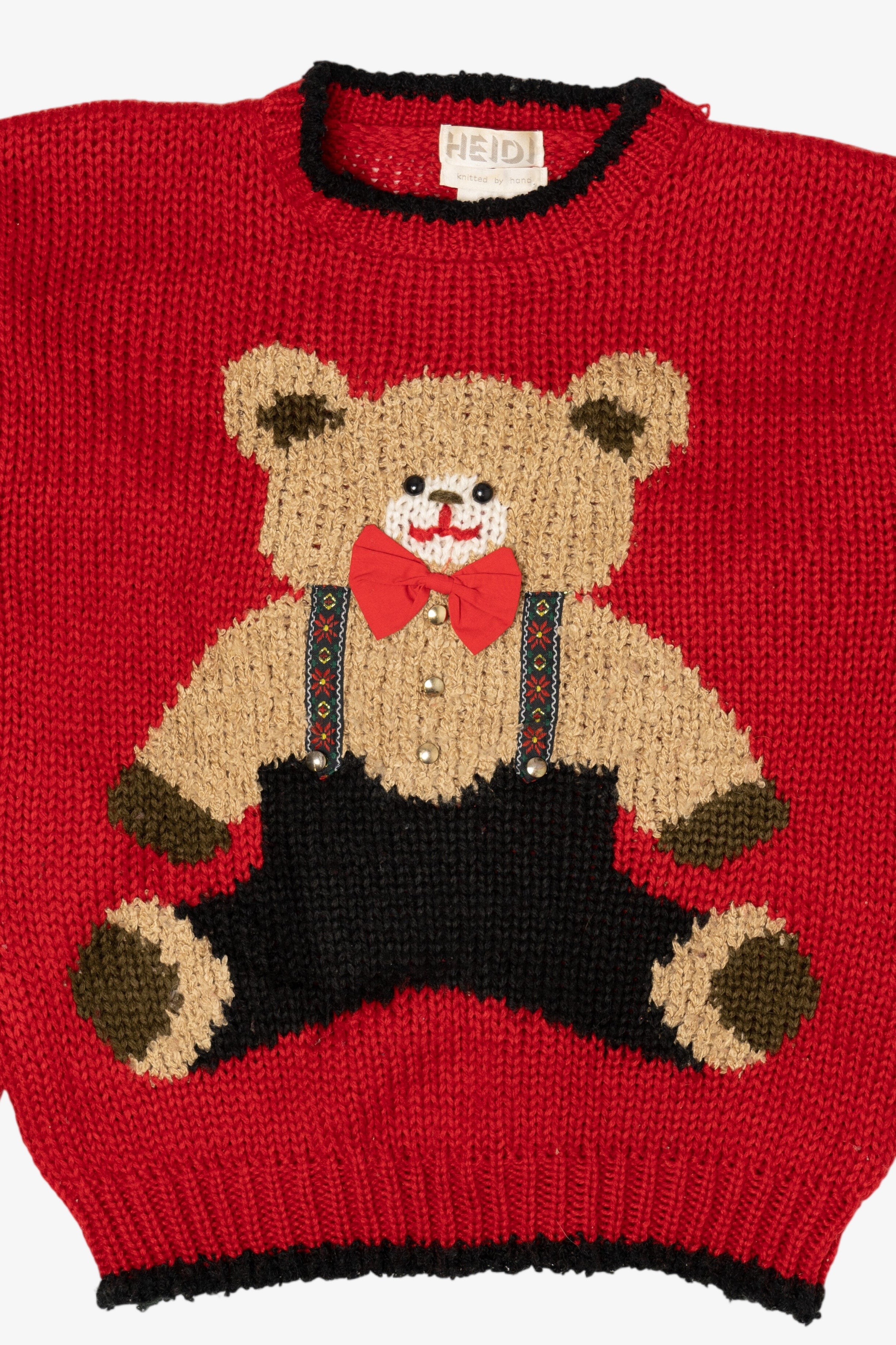 Vintage Hand Knit Red Teddy Bear Heidi Sweater (1990s)