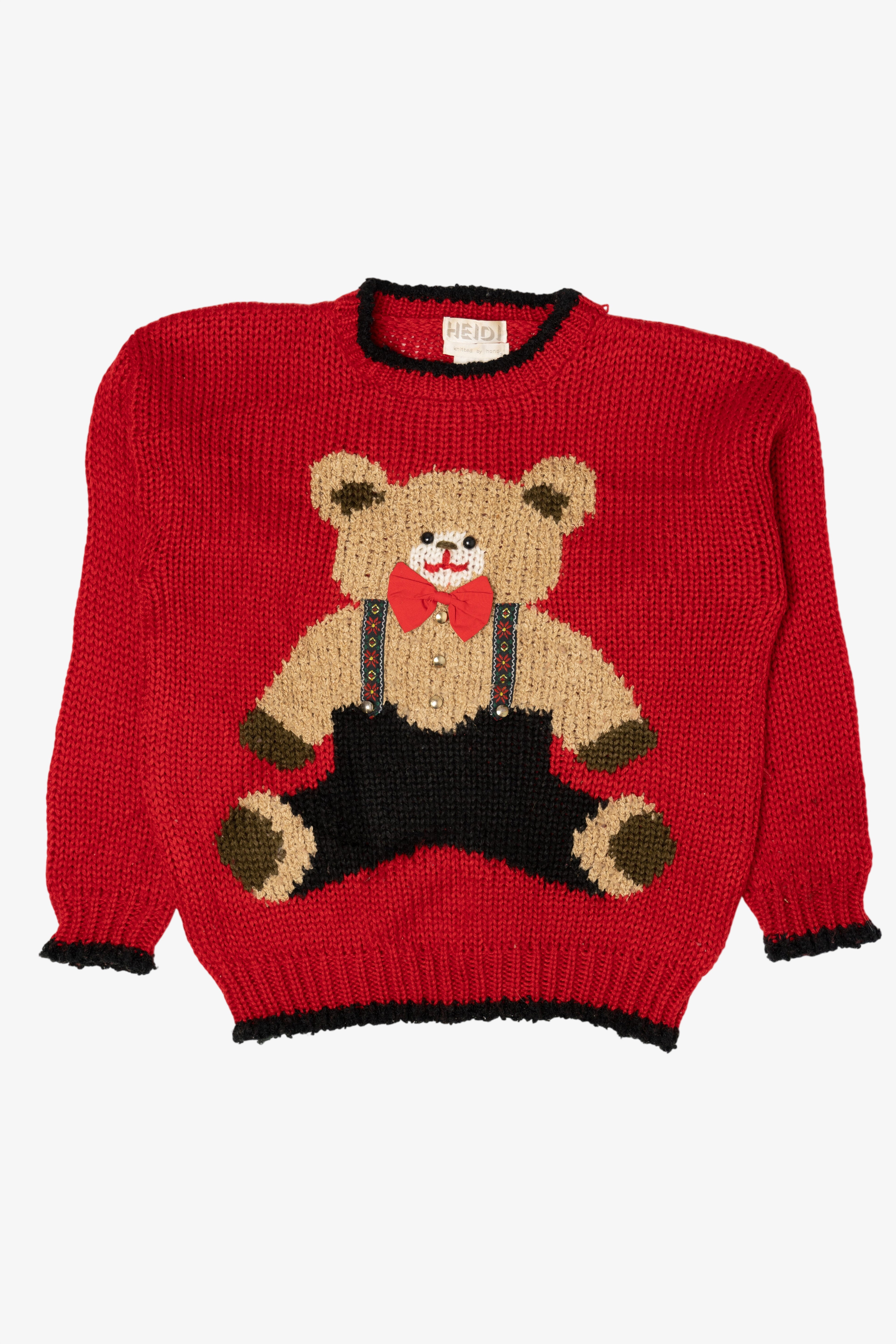 Vintage Hand Knit Red Teddy Bear Heidi Sweater (1990s)