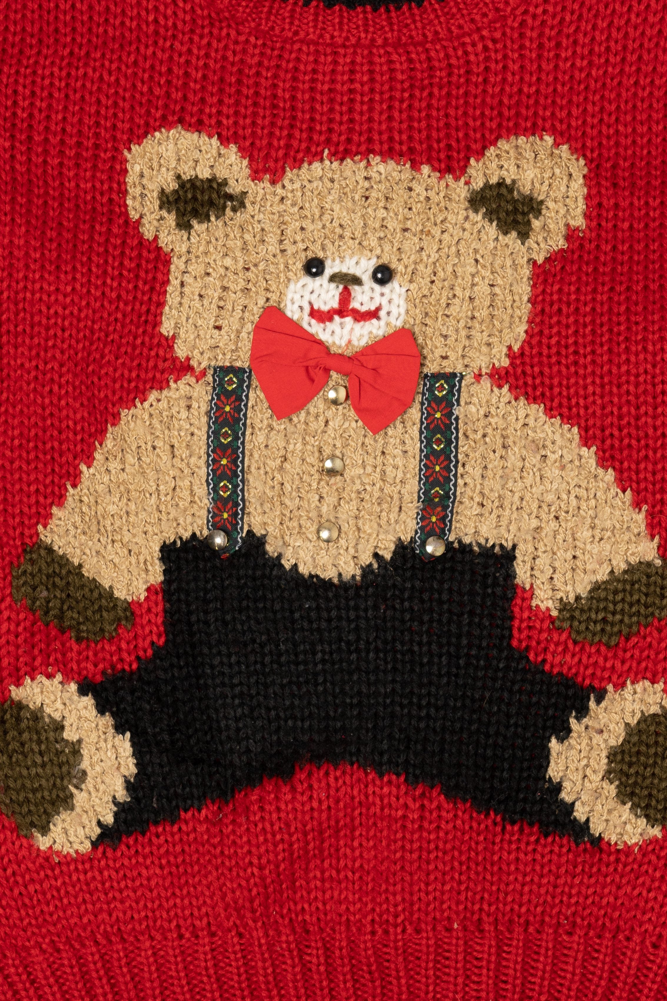 Vintage Hand Knit Red Teddy Bear Heidi Sweater (1990s)