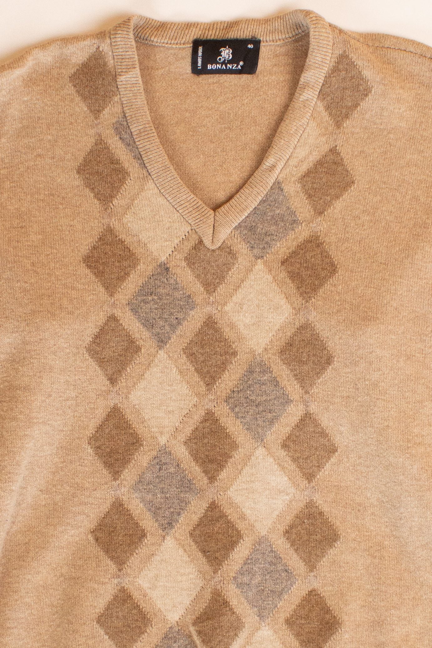 Vintage Tan Argyle V-Neck Sweater (1980s)