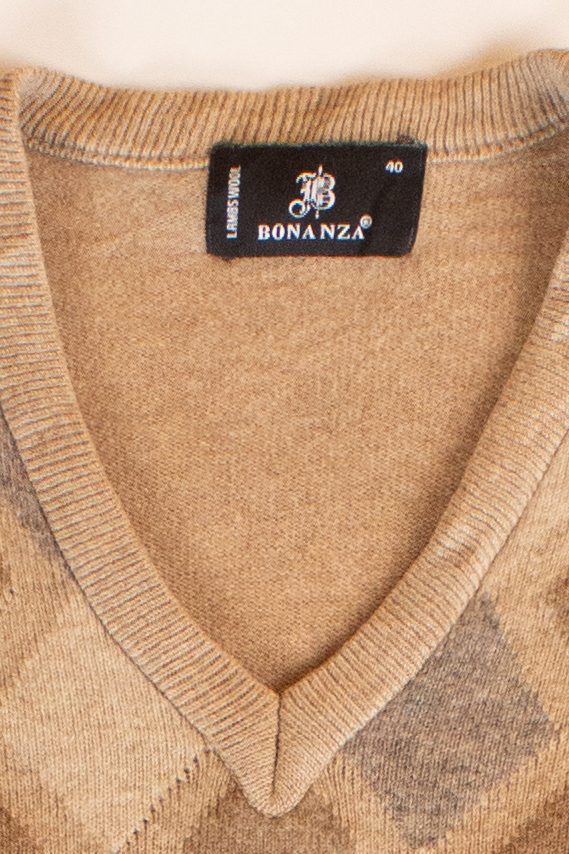 Vintage Tan Argyle V-Neck Sweater (1980s)