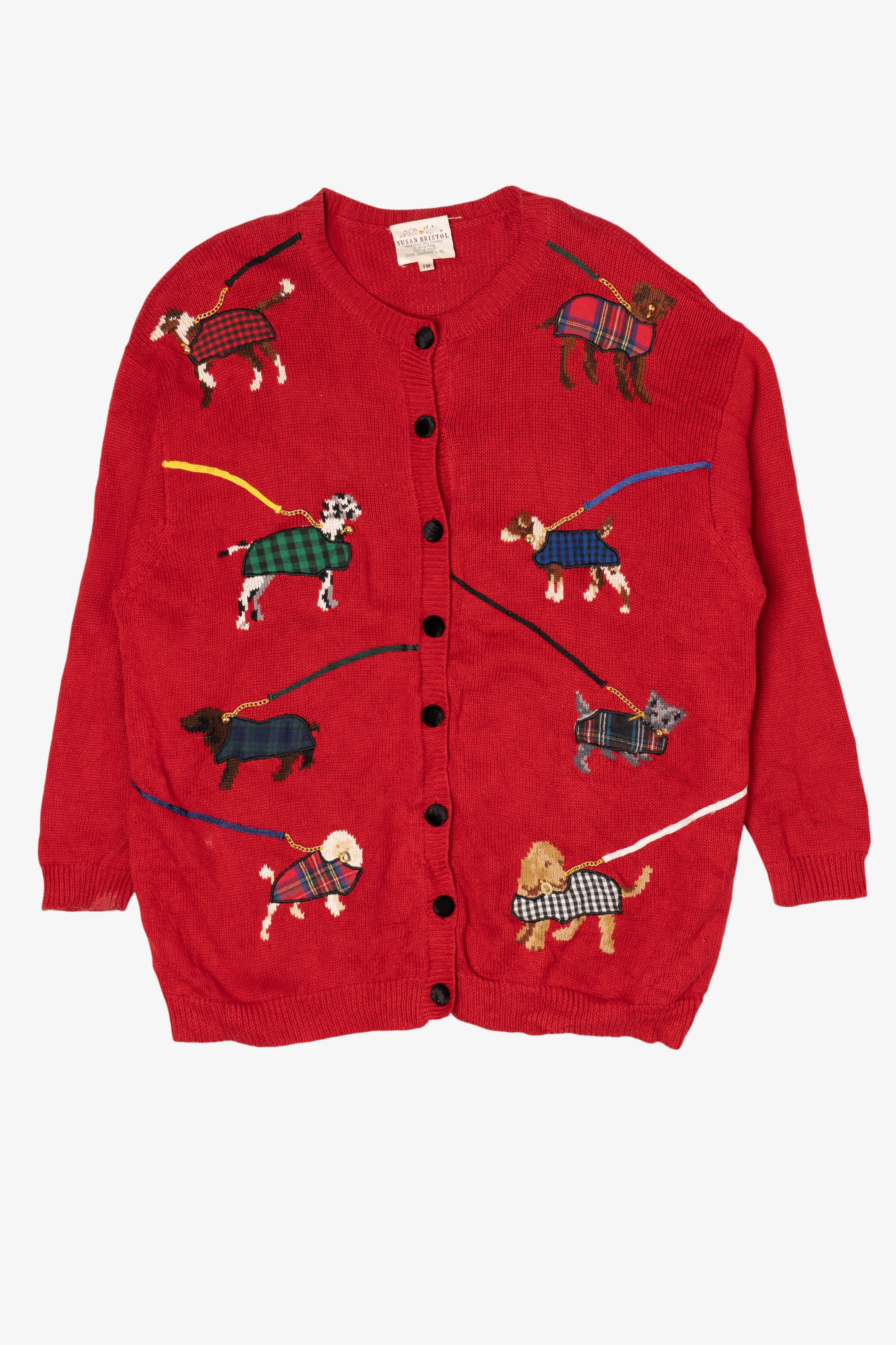 Vintage Red Susan Bristol Dogs On Leashes Sweater (1990s)