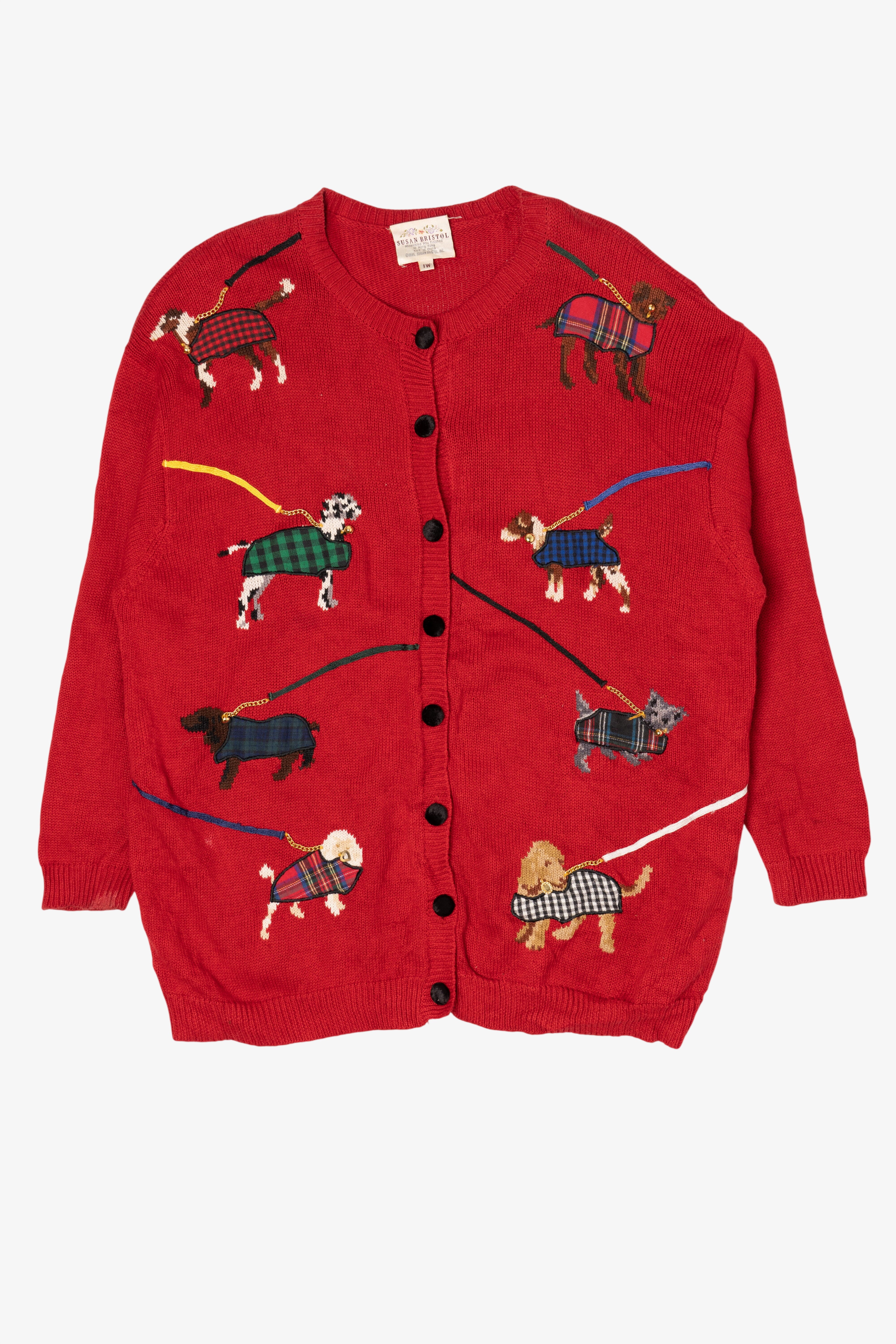 Vintage Red Susan Bristol Dogs On Leashes Sweater (1990s)