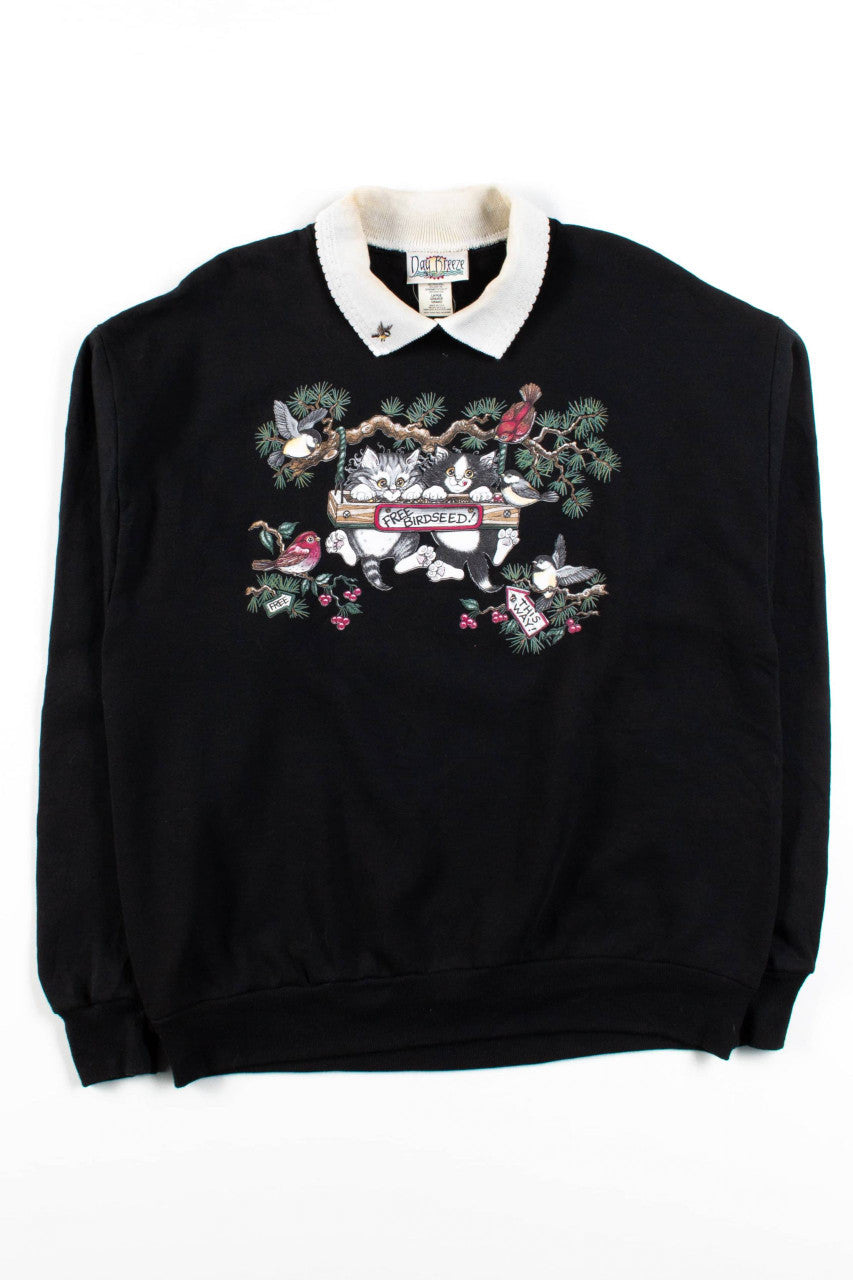 Vintage Kittens & Birds Collared Sweatshirt
