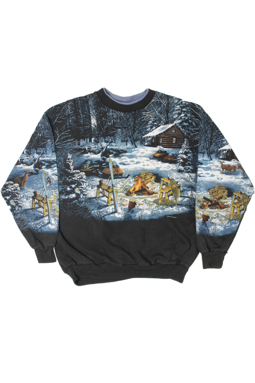Vintage Snowy Cabin Scene Hidden Side Pockets Sweatshirt