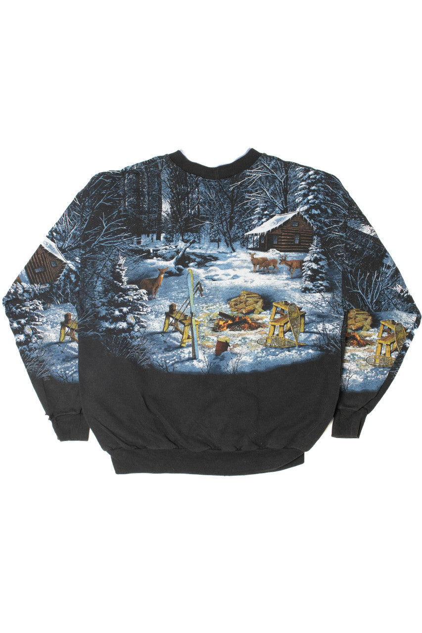 Vintage Snowy Cabin Scene Hidden Side Pockets Sweatshirt