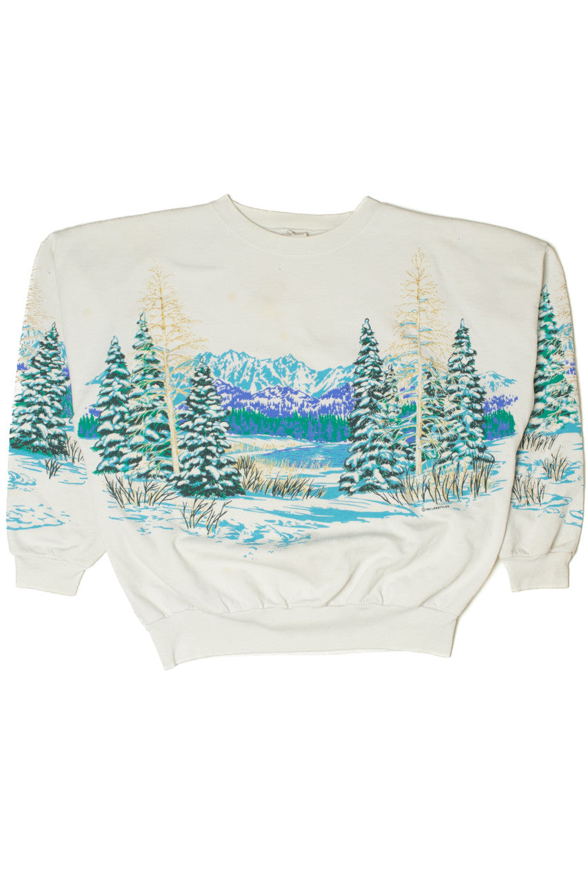 Vintage 1992 Snowy Forest Scene All Over Print Sweatshirt