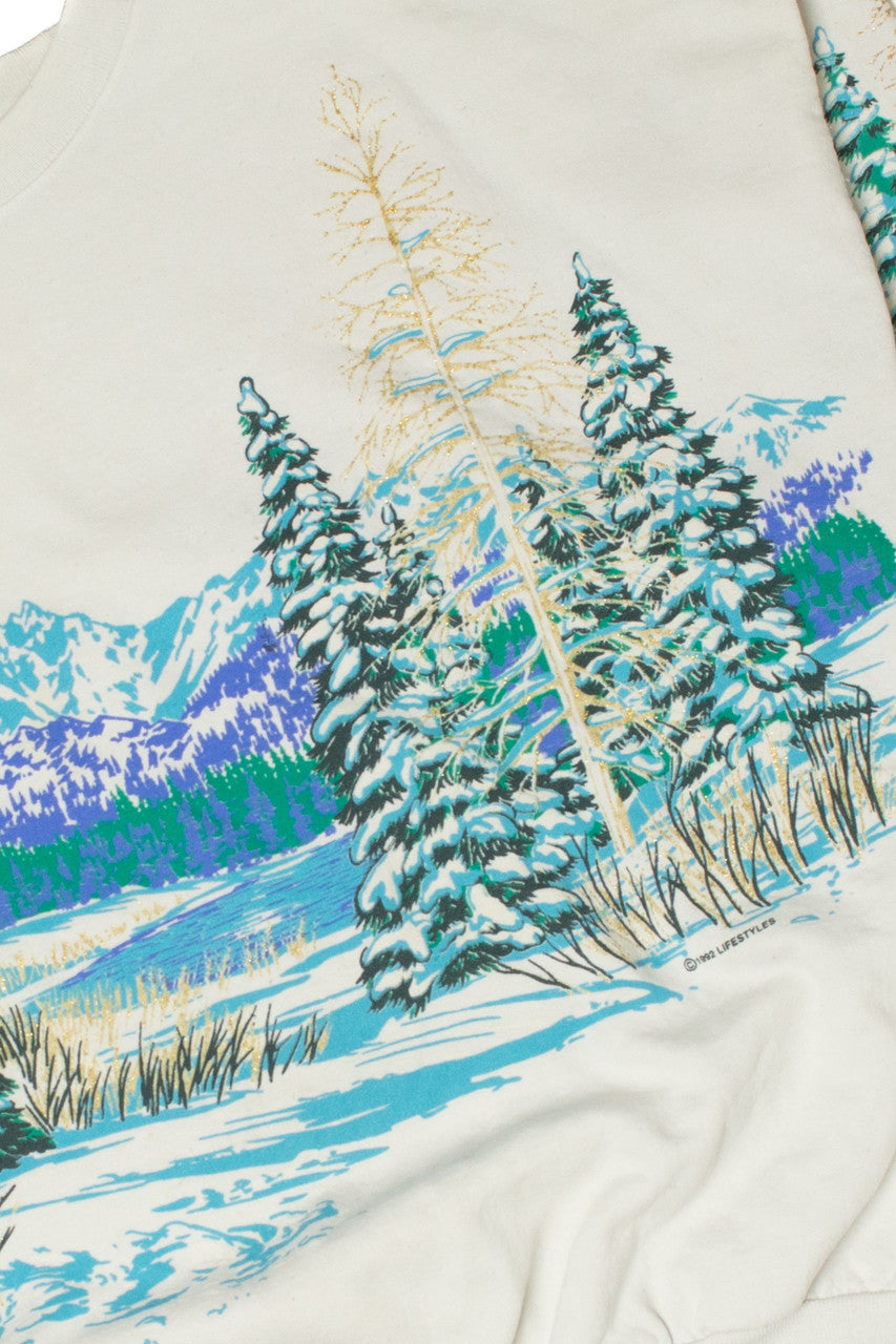 Vintage 1992 Snowy Forest Scene All Over Print Sweatshirt