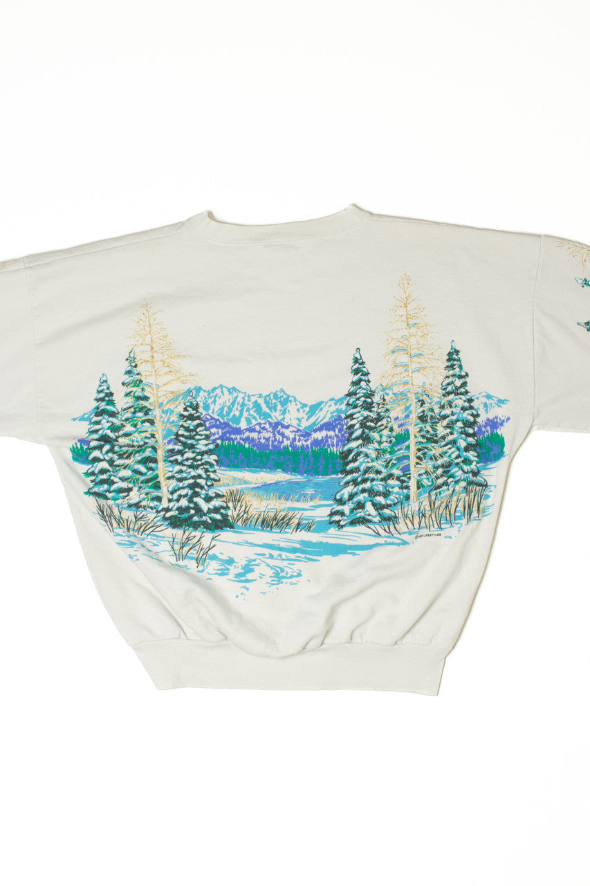 Vintage 1992 Snowy Forest Scene All Over Print Sweatshirt