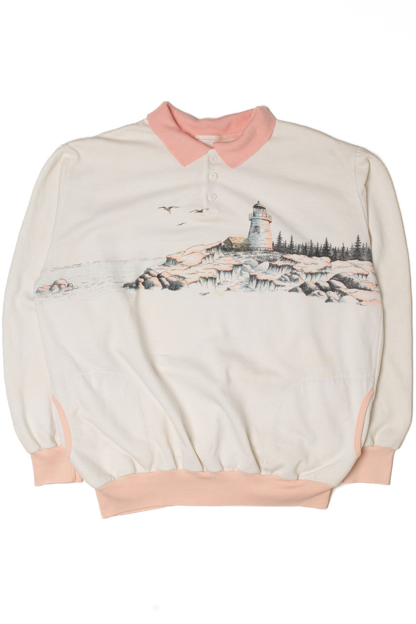 Vintage Scenic Lighthouse Pink Trim Sweatshirt With Pockets