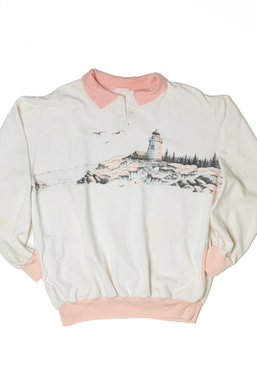 Vintage Scenic Lighthouse Pink Trim Sweatshirt With Pockets