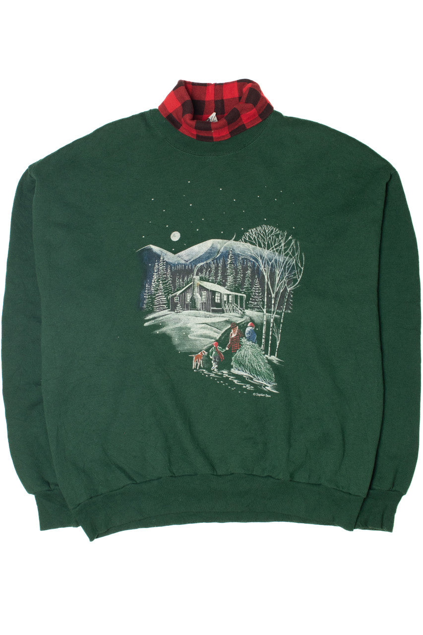 Vintage Winter Scene With Buffalo Plaid Faux Turtleneck Sweatshirt