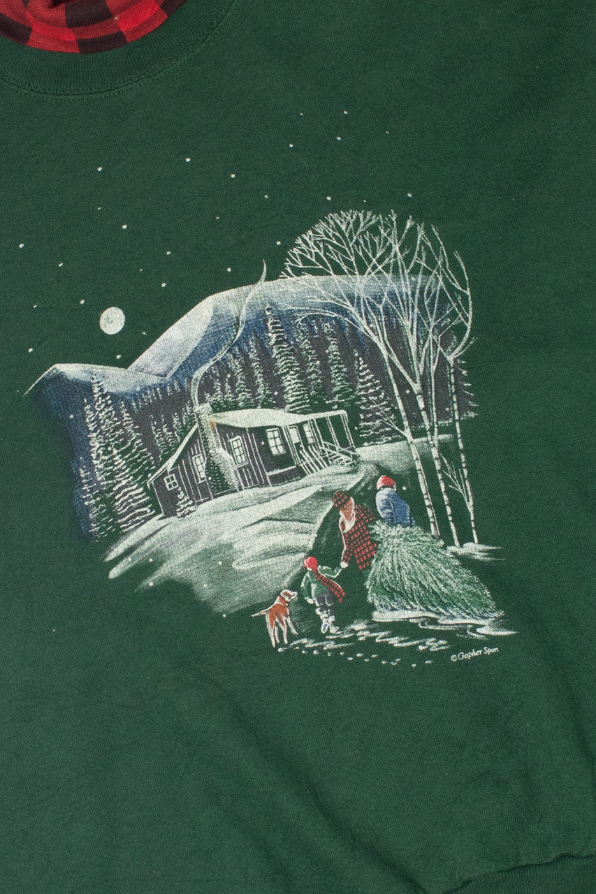 Vintage Winter Scene With Buffalo Plaid Faux Turtleneck Sweatshirt