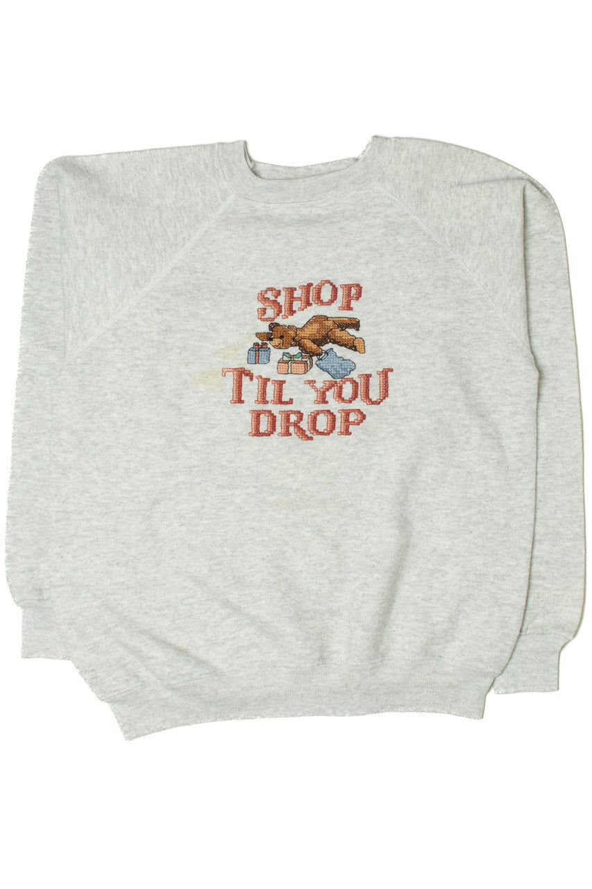 Vintage "Shop Til You Drop" Cute Embroidered Teddy Bear Sweatshirt