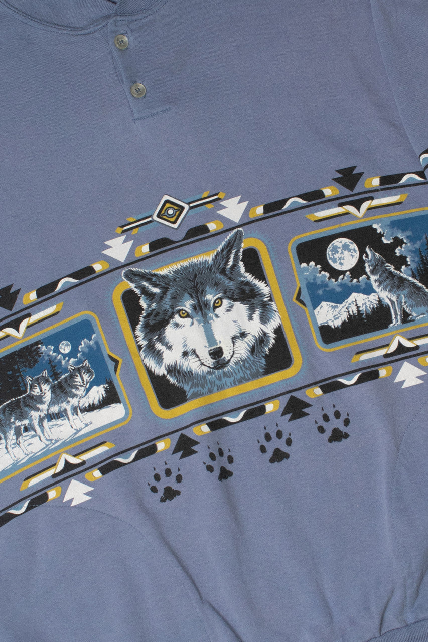 Vintage Wolf Print Button Henley Sweatshirt With Pockets