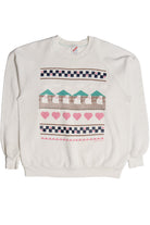 Vintage 1989 Cats & Checkered Hearts Embossed Print Sweatshirt