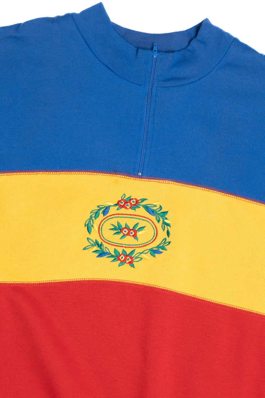 Vintage Color Block Embroidered Folk Art Quarter Zip C.S.T. Sport Sweatshirt (1990s)