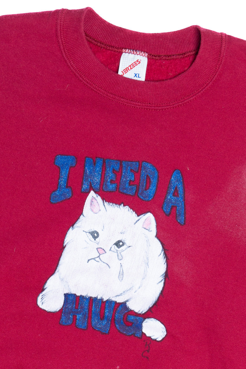 Vintage "I Need A Hug" Hand Painted Cat Sweatshirt (1990s)