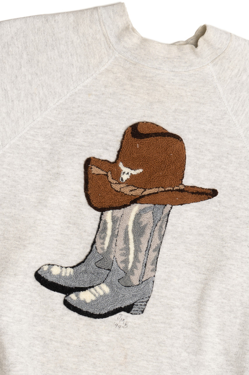 Vintage Cowboy Boots & Hat Hand Tufted Patch Sweatshirt (1990s)