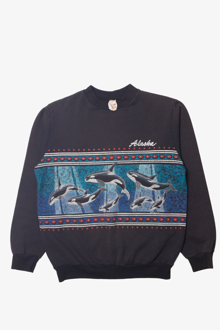 Vintage "Alaska" Killer Whales Wrap Around Illustration Sweatshirt (1990s)