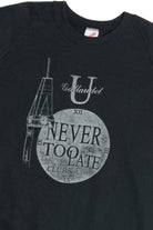 Vintage "Never Too Late Club" U Gallaudet Moon & Steeple Print Sweatshirt (1980s)