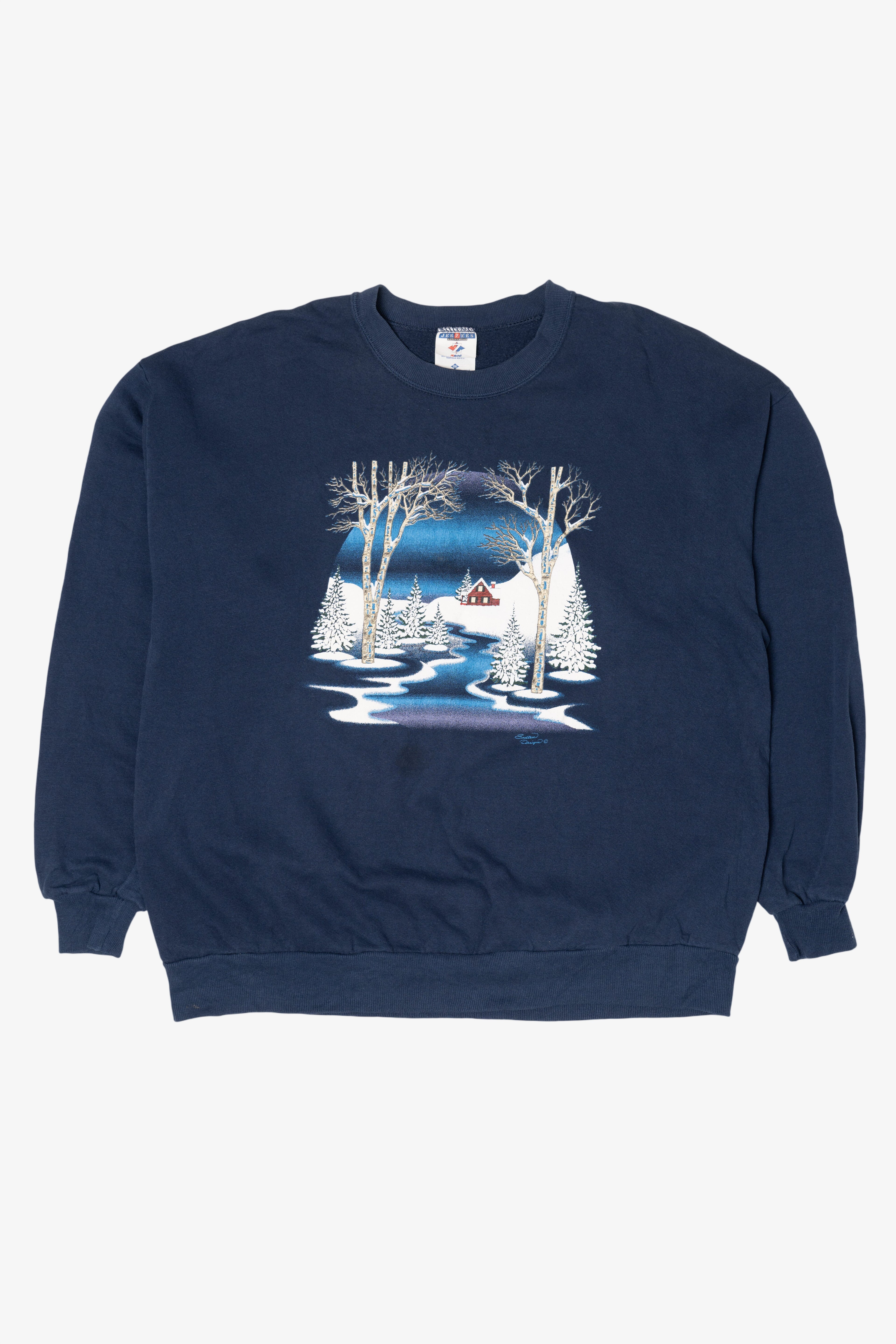 Vintage Winter Cabin Scene Sweatshirt (2000s)