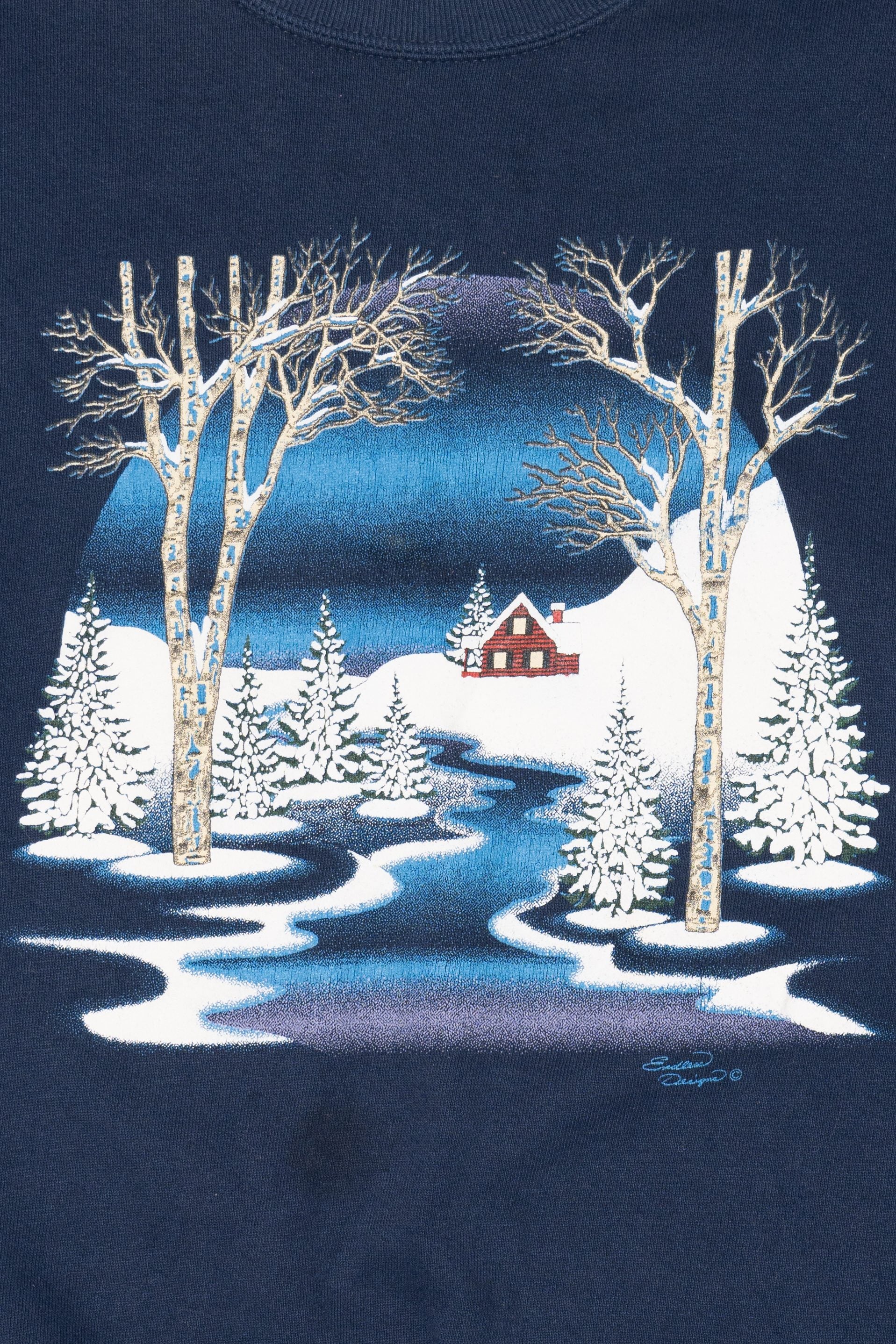 Vintage Winter Cabin Scene Sweatshirt (2000s)