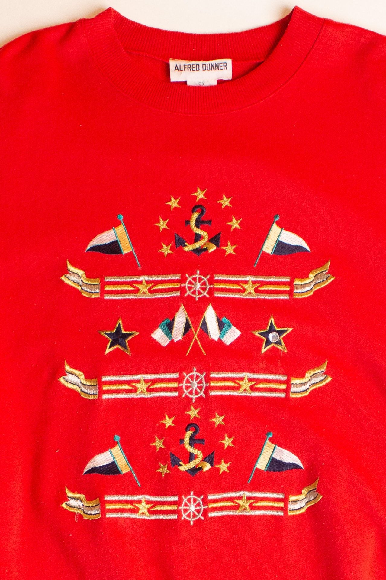 Vintage Red Embroidered Nautical Symbols Sweatshirt (1990s)