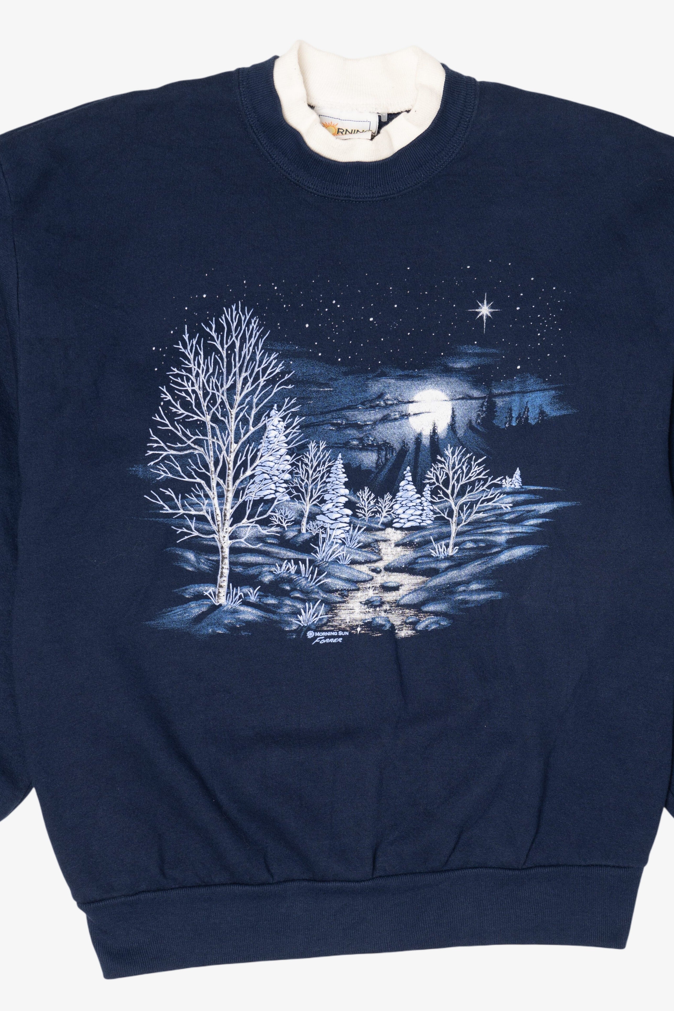 Vintage Navy Blue Starry Winter Night Scene Sweatshirt (1990s)
