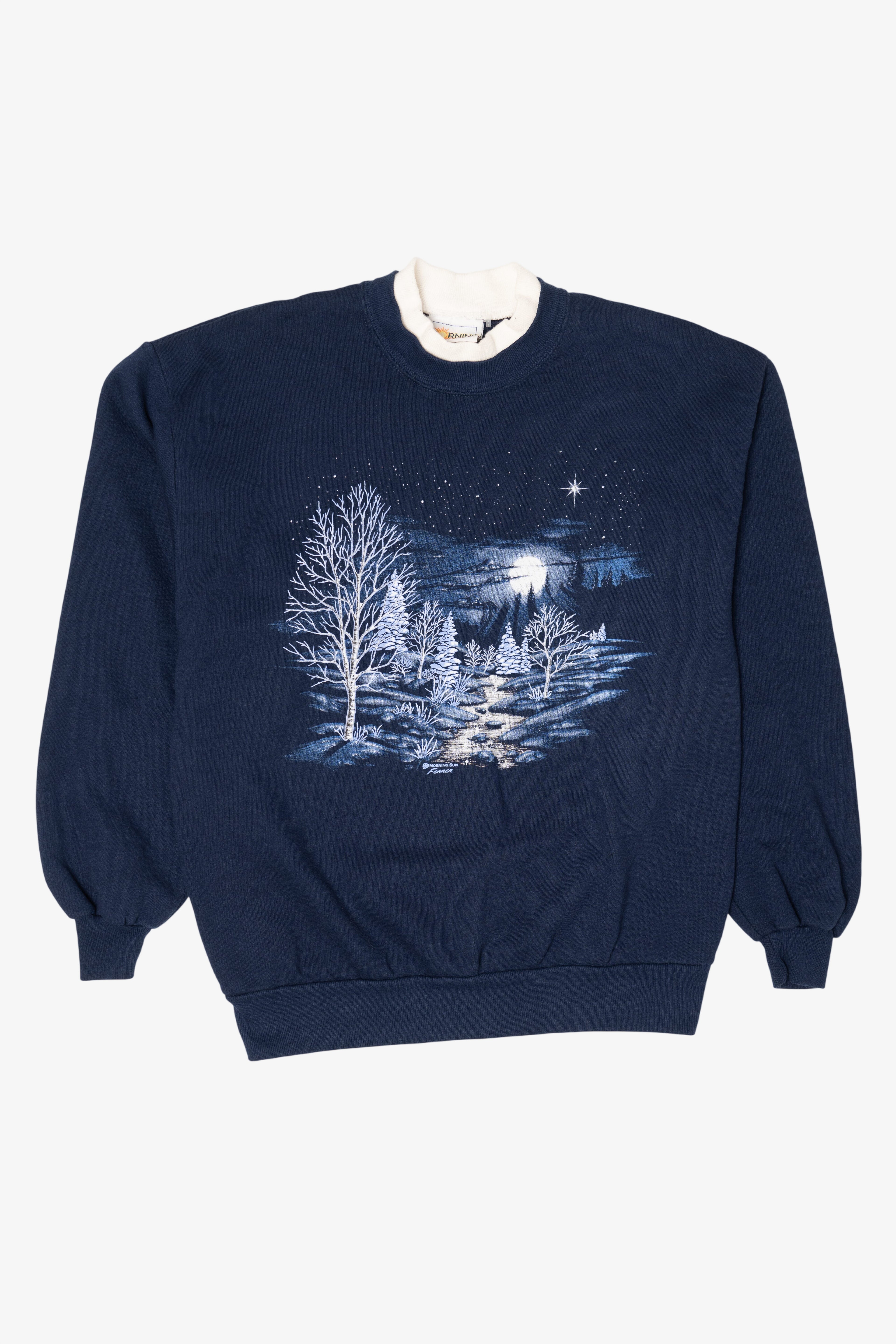 Vintage Navy Blue Starry Winter Night Scene Sweatshirt (1990s)