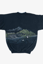 Vintage "Lake Quinault" Scenic Lake Cabin Wraparound Print Sweatshirt (1990s)