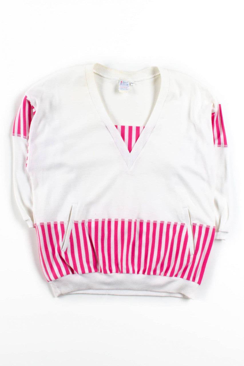 Vintage Pink Striped V-Neck Pocket Sweatshirt